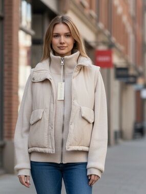 NWT BLANKNYC Sweater Puffer Hybrid Jacket Cream Beige Knit Puffer Zip Fron L